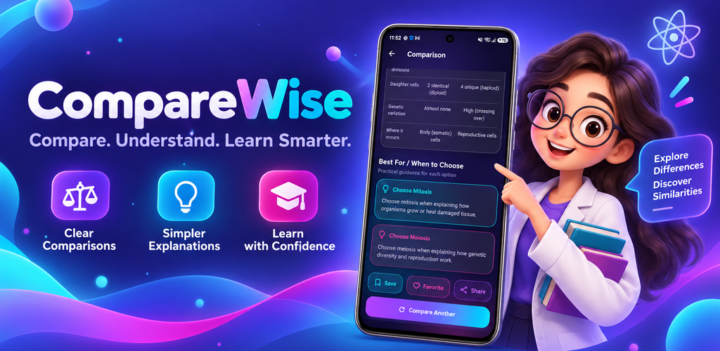 CompareWise product banner with app preview and illustrated character